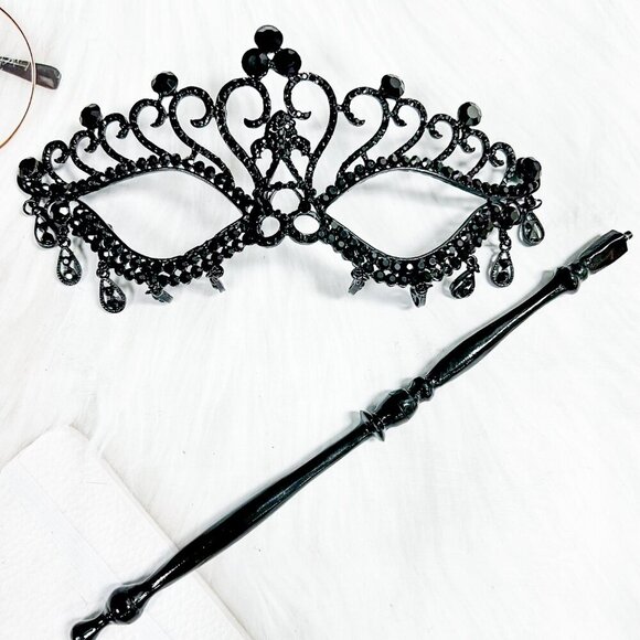 Black Masquerade Mask with Stick, Crystal Masquerade Mask, Prom Mask, Party Mask - Picture 6 of 9